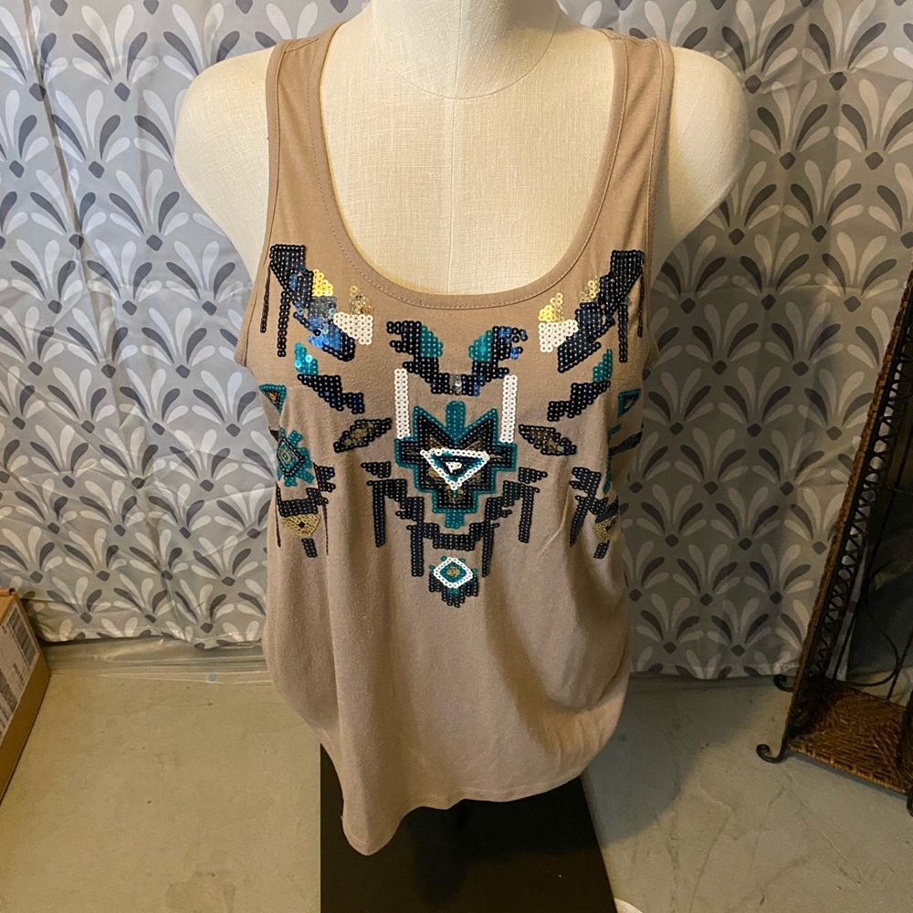 Tan Womens Tank Top with Sequins Fits Like Large Unknown Brand Racer Back